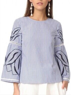 Tanya Taylor Martine Poplin Top Blue Size 8 Embroidered Striped Coastal Nautical